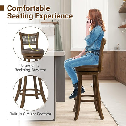 COSTWAY 30” Swivel Bar Height Barstool Set of 2, Rubber Wood Bar Stools with Rattan Backrest, Footrest, Upholstered Leathaire Armless Chairs for Kitchen Island, Pub, Brown (4, 30” Seat Height)