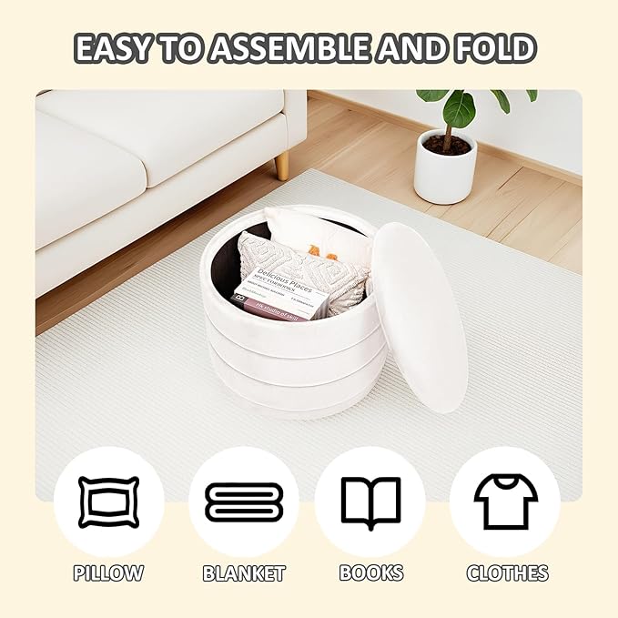 PINPLUS Large Round Velvet Storage Ottoman, White Upholstered Footstool with Hidden Storage, Sturdy Coffee Table Ottoman for Living Room & Bedroom