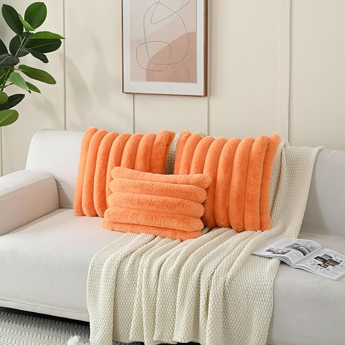 FUTEI Orange Decorative Throw Pillow Covers 16x16 Inch Set of 2, Square Soft Faux Rabbit Fur Thick Striped Cushion Cover,Winter Home Decor for Couch Bed Living Room