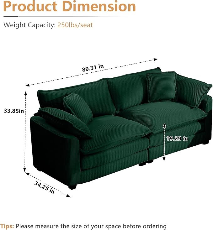 mikibama Luxury 2 Piece Sofa Set, 2 Pieces of Loveseat Couch, Modern Corduroy Comfy Cloud Couches Set for Living Room Office with 4 Armrest Pillows and 4 Toss Pillows, Green