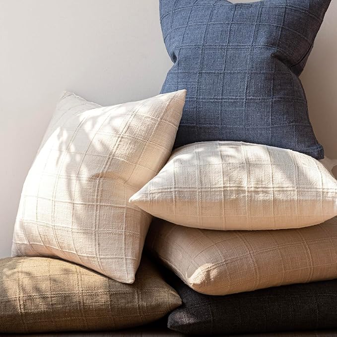 Foindtower Set of 2 Decorative Linen Check Throw Pillow Covers Neutral Farmhouse Lumbar Cushion Covers Modern Boho Home Decor for Sofa Chair Couch Bedroom Living Room,12×20 Inch,Natural Beige