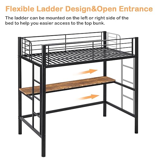VECELO Metal Loft Bed Twin Size with Desk, Heavy Duty Bedframe with Removable Ladder and Safety Guardrail, Space-Saving, Noise Free, No Box Spring Needed, Matte Black