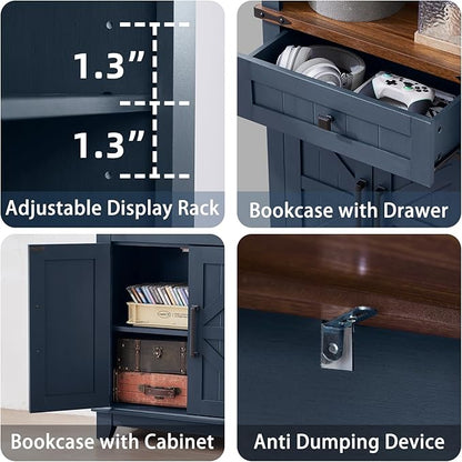 72in Tall Bookshelf 7 Tier Bookcase with Drawer and Barn Doors and Adjustable Shelves, Blue Farmhouse Book Shelf with Storage Cabinet, Wood Freestanding Display Bookshelves for Kitchen (2PCS)