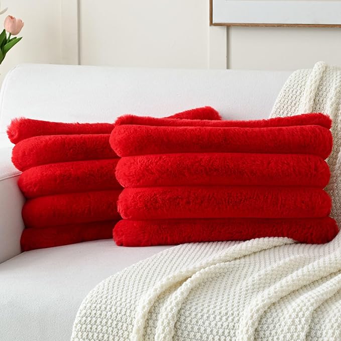 FUTEI Christmas Red Decorative Throw Pillow Covers 12x20 Inch Set of 2, Square Soft Faux Rabbit Fur Thick Striped Lumbar Pillow Case,Winter Home Decor for Couch Bed Living Room
