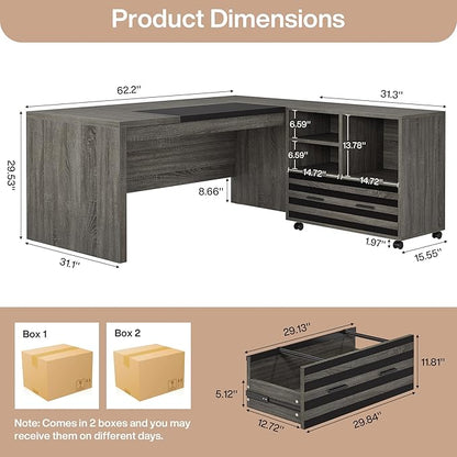 Tribesigns 62.2" Executive Desk with Mobile File Cabinet, L-Shaped Office Desk with Storage Shelves, Large Computer Table Business Workstation Set for Home Office, Grey