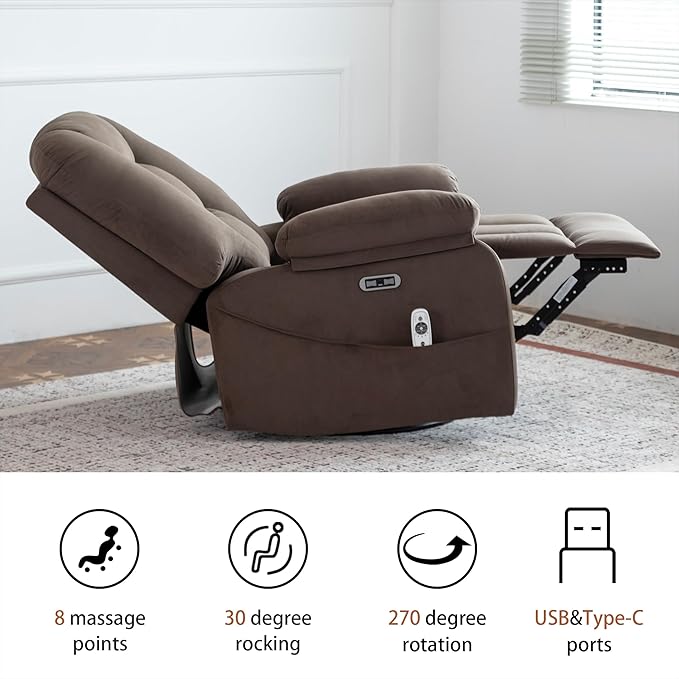 Power Swivel Rocker Recliner with Massage and Heat, USB and Type-C Port, Infinite Position, Electric Glider Rocking Chairs Living Room, Soft Fabric Reclining Sofa Chair (Velvet Brown)