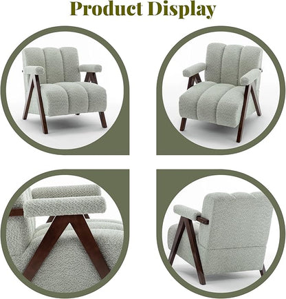 Mid Century Modern Accent Chair with Solid Wood Frame, Boucle Upholstered Living Room Chairs with Thick Cushion, Comfy Tufted Arm Chair for Bedroom, Sage