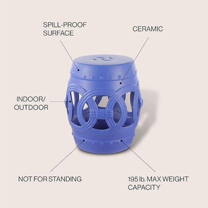JONATHAN Y TBL1022D Lucky Coins 16" Chinese Ceramic Drum Indoor/Outdoor Garden Stool Bohemian, Coastal, Cottage, French Country, Traditional, for Living Room, Garden Room, Patio, Matte Blue