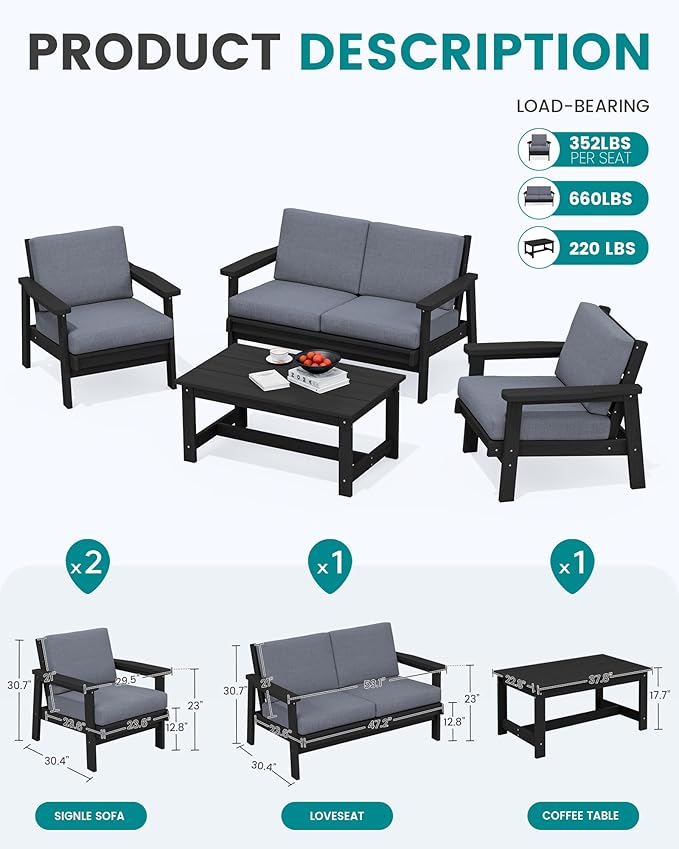 SERWALL HDPE Patio Furniture Set with 15FT Double Side Patio Umbrella, All Weather Wood-Like Outdoor Sofa Sectional Couch, Black Patio Furniture with Grey Cushions