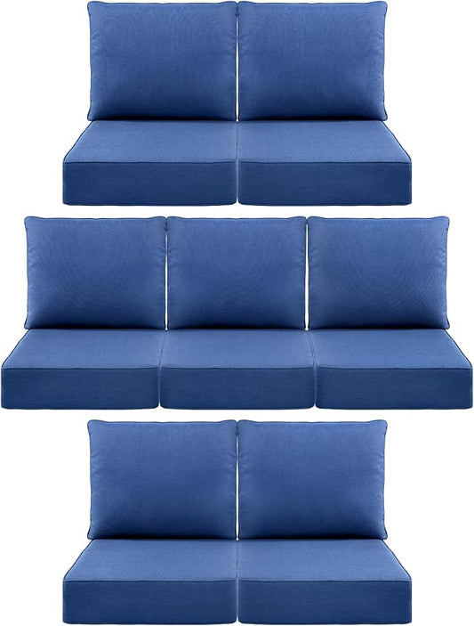 Luxury 6" Outdoor Cushions for Patio Furniture, 24x24x6" Thick Seat Cushion Set of 7, Fade Resistant Couch Chair Replacement Cushions High Density Deep Wicker Chair Cushion w/ Removable Cover, Blue