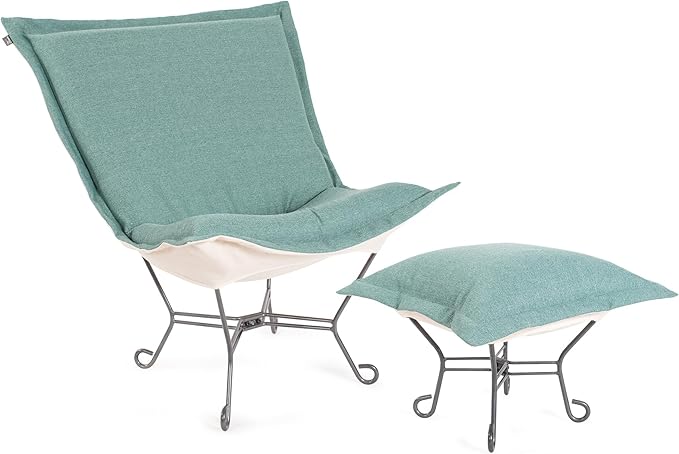 Howard Elliott Scroll Puff Ottoman Chair With Cover, Multipurpose Alternate Seating Footstool Footrest Chair with Titanium Frame, Patio Furniture for Camping, Home, Indoor & Outdoor, Sterling Breeze