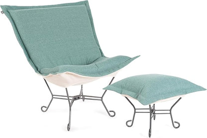 Howard Elliott Scroll Puff Ottoman Chair With Cover, Multipurpose Alternate Seating Footstool Footrest Chair with Titanium Frame, Patio Furniture for Camping, Home, Indoor & Outdoor, Sterling Breeze