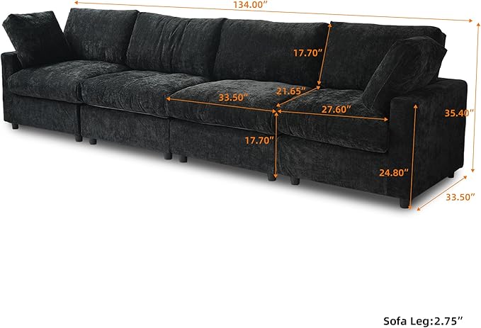 WJShome Modern Sectional Sofa 134 Inch 4-Seater Cloud Couch with Chenille Deep Seat Couches for Living Room, Bedroom and Apartment，Black