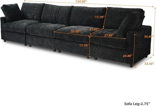 WJShome Modern Sectional Sofa 134 Inch 4-Seater Cloud Couch with Chenille Deep Seat Couches for Living Room, Bedroom and Apartment，Black