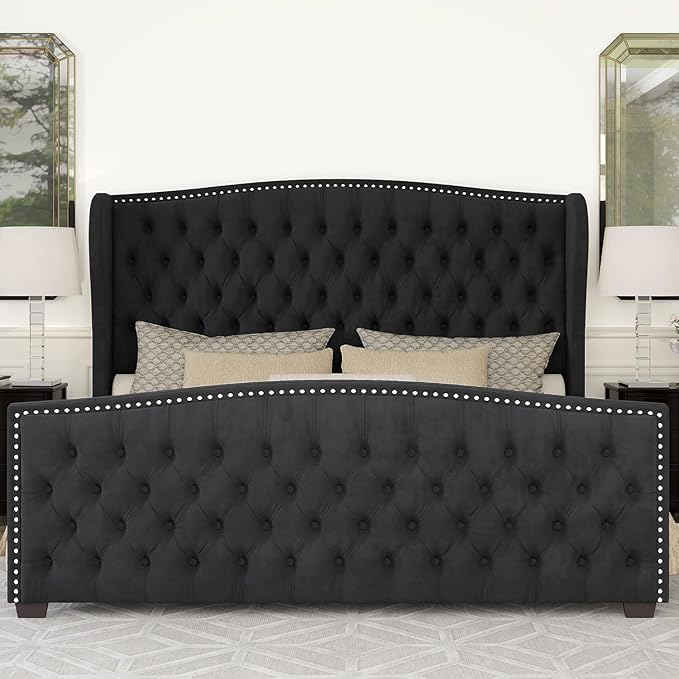 AMERLIFE California King Size Platform Bed Frame, Velvet Upholstered Bed with Deep Button Tufted & Nailhead Trim Wingback Headboard/No Box Spring Needed,Black