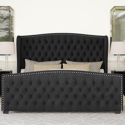 AMERLIFE California King Size Platform Bed Frame, Velvet Upholstered Bed with Deep Button Tufted & Nailhead Trim Wingback Headboard/No Box Spring Needed,Black
