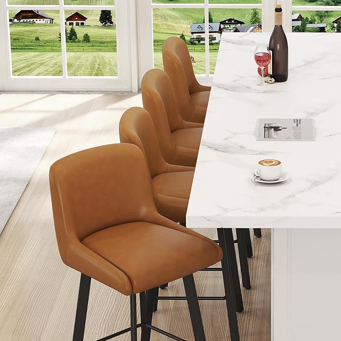 Swivel Counter Height Bar Stools Set of 2, 26''H Upholstered Barstools with Backs, Modern Bar Stool Chairs for Kitchen Island, Metal Legs, Faux Leather, Whiskey Brown Stools Counter Chair