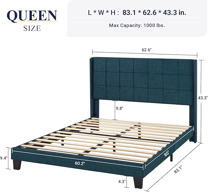 Allewie Queen Size Platform Bed Frame with Wingback, Fabric Upholstered Square Stitched Headboard and Wooden Slats, Mattress Foundation, Box Spring Optional, Easy Assembly, Dark Blue