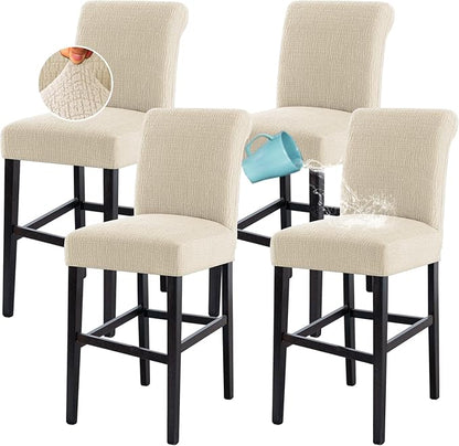H.VERSAILTEX 100% Waterproof Bar Stool Covers Rectangular Pub Counter Stool Chair Covers Washable Counter Height Stool Seat Covers Jacquard Crizzle Pattern Removable High Chair Cover Set of 4, Ivory