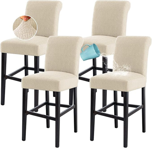 H.VERSAILTEX 100% Waterproof Bar Stool Covers Rectangular Pub Counter Stool Chair Covers Washable Counter Height Stool Seat Covers Jacquard Crizzle Pattern Removable High Chair Cover Set of 4, Ivory