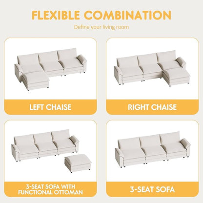 Homall Modular Sectional Sofa, Loveseat Sofa Couch with Reversible Ottoman, DIY Combination Chenille Deep Seat Cloud Couch for Living Room, Apartment (White, L Shaped Sofa)