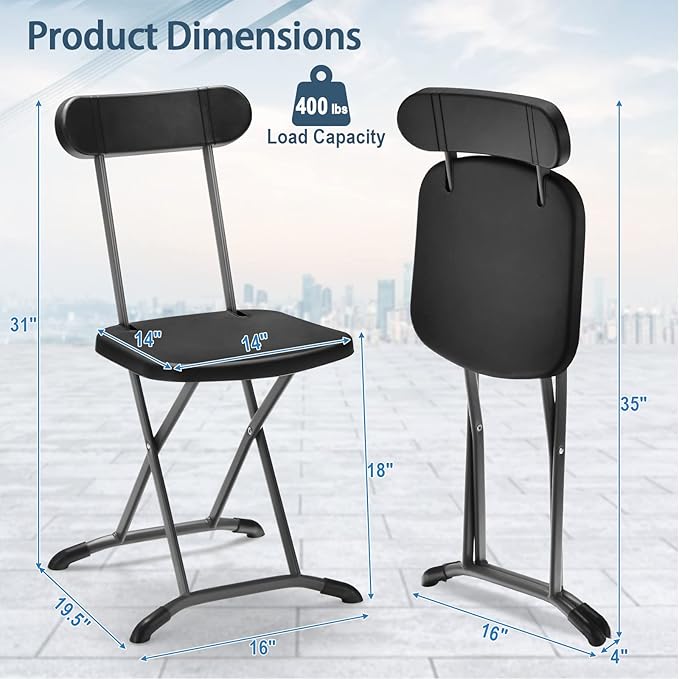 GYMAX Folding Chair, 400lbs Plastic Chairs Set with Steel Frame & Ergonomic Curved Back, Indoor & Outdoor Commercial Event Seat for Meeting, Wedding, Stackable Lightweight Folding Chairs (6, Black)