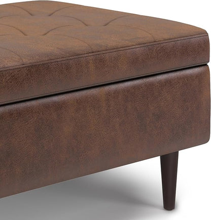 SIMPLIHOME Shay 34 inch Wide Mid Century Modern Small Rectangle Coffee Table Storage Ottoman in Distressed Chestnut Brown Vegan Faux Leather, Assembled, For the Living Room