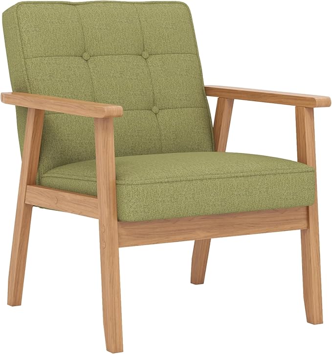 KCC Mid-Century Modern Linen Fabric Accent Chair, Upholstered Tufted Leisure Chair Comfy Reading Side Chair with Armrest and Solid Wood Frame for Living Room Bedroom Balcony(Green)