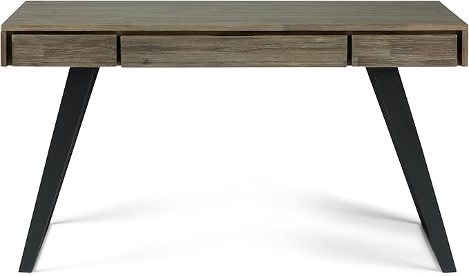 SIMPLIHOME Lowry Desk - 54-Inch Wide Solid Acacia Wood and Metal Writing Desk in Distressed Grey, Modern Industrial Home Office Computer Table with 2 Drawers and Flip-Down Keyboard Tray