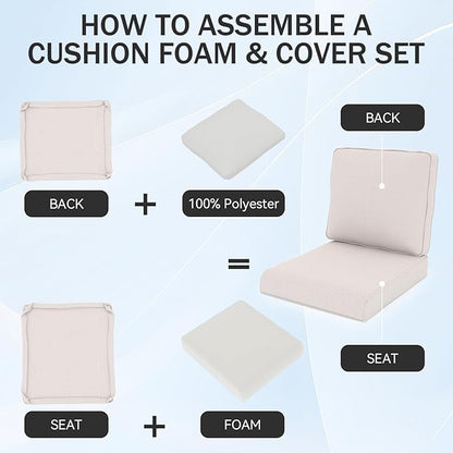 Outdoor Chair Cushions 23" x 24" x 4", Patio Deep Seat Replacement Cushions Set with Zippered Removable Cover, Weather-Resistant Olefin Fabric for Garden Chair Sofa Couch, Set of 2, Beige