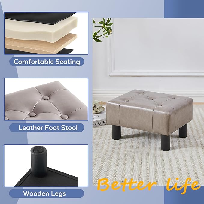 Small Foot Stool Ottoman, Faux Leather Footstool Ottoman Foot Rest for Couch, Rectangle Footstools and Ottomans Small for Living Room, Entryway and Bedroom (Gray)