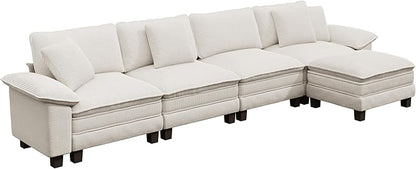 PHI VILLA Cloud Modular Couch Sets, 157.5" Sectional Sofa with L-Shaped Chaise Ottoman, 5-Seater Couches with Upholstered Deep Seat for Living Room Chenille Corduroy Dual Fabric, Beige