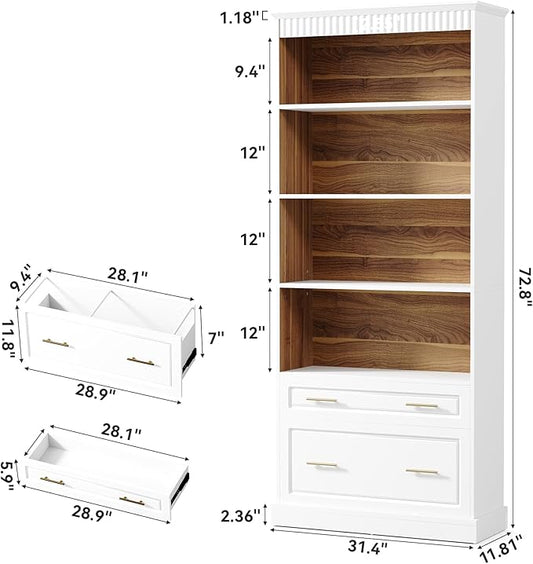 LITTLE TREE 72-Inch Tall White Bookcase, 5-Tier Wooden Open Display Bookshelf with 2 Drawers fits Letter, Legal, A4 Size, Modern Floor Standing Storage Organizer for Home Office & Living Room,Bedroom