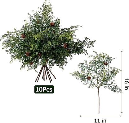 10PCS Artificial Pine Tree Branches, Green Pine Stem Real Touch Fake Greenery Green Plants Pine Needles DIY Accessories for Wreath Christmas and Home Garden Decor