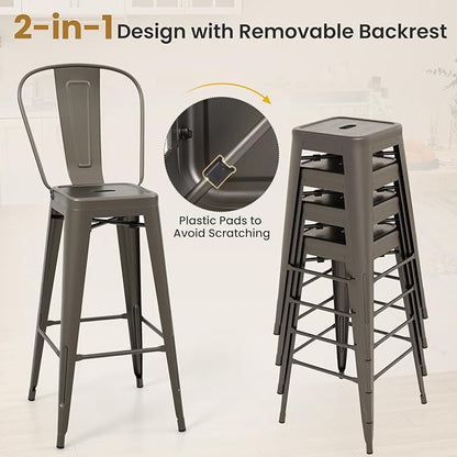 COSTWAY Metal Bar stools Set of 4, with Removable Back, 30'' Bar Height Stools with Rubber Feet, Stylish and Modern Chairs, for Kitchen, Dining Rooms, and Side Bar (Gun-Update, 30'')