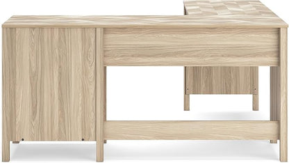 Signature Design by Ashley Battelle Casual L-Shaped Chevron Pattern 60" Home Office Desk with Return, Drawer and Cabinet, Light Brown