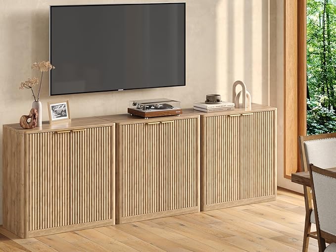 Evermagin 94.5" Oak Buffet Cabinet with Storage, Large Sideboard Cabinet, Boho Accent Credenza, Fluted Console Table with Doors for Dining Room, Kitchen, and Living Room