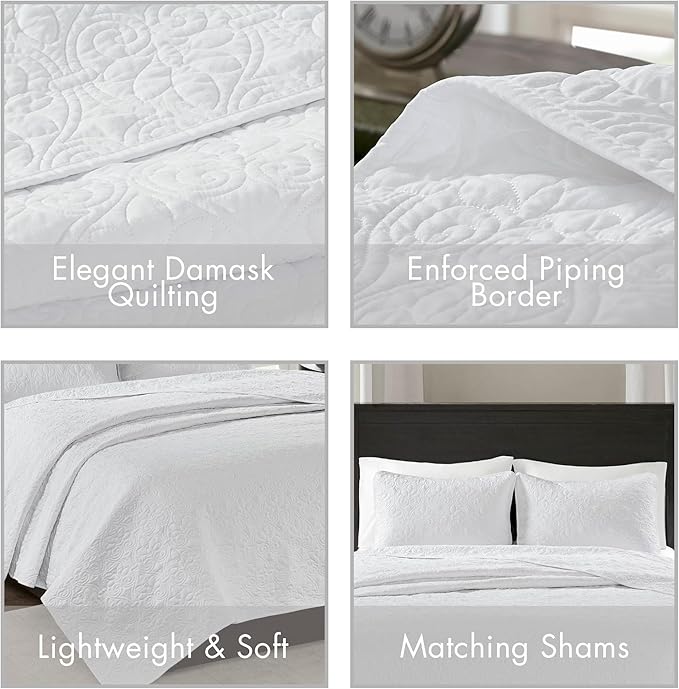 Madison Park Quebec Queen Size Quilt Bedding Set - White , Damask – 3 Piece Bedding Quilt Coverlets – Ultra Soft Microfiber Bed Quilts Quilted Coverlet