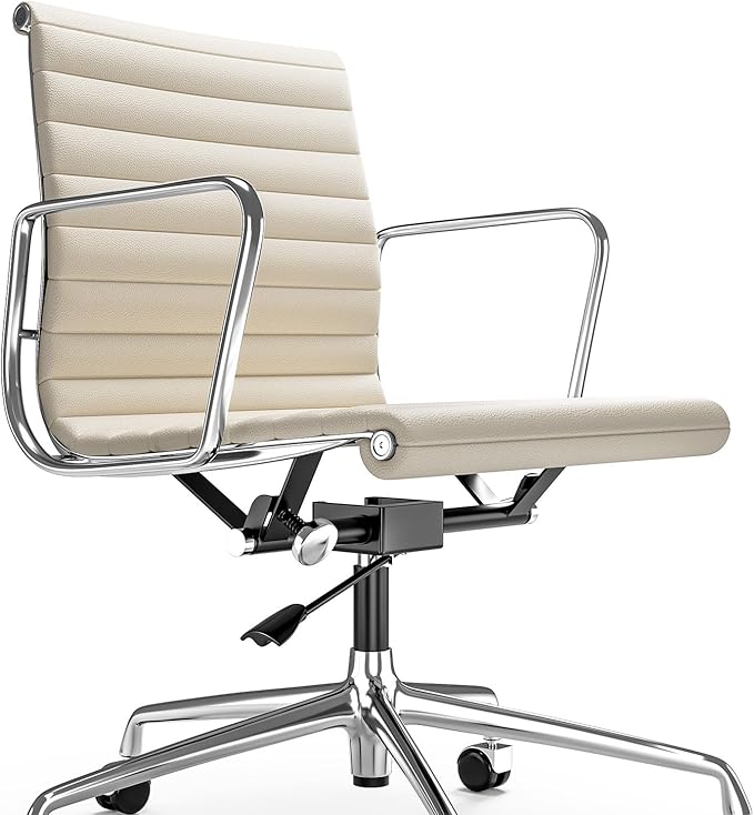 Mid Back Genuine Leather Ribbed Office Chair-Ergonomic Desk Chair with Aluminum Alloy Armrest & Frame, Swivel Silent Wheels & Tilt Function, Adjustable Height