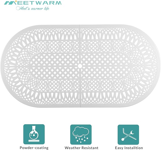 MEETWARM 9-Piece Outdoor Patio Dining Set, All-Weather Cast Aluminum Patio Conversation Set with 1 Oval Table, 2 Swivel Rocker Chairs, 6 Stationary, 8 Cushions, 2" Umbrella Hole, White