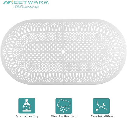 MEETWARM 9-Piece Outdoor Patio Dining Set, All-Weather Cast Aluminum Patio Conversation Set with 1 Oval Table, 2 Swivel Rocker Chairs, 6 Stationary, 8 Cushions, 2" Umbrella Hole, White