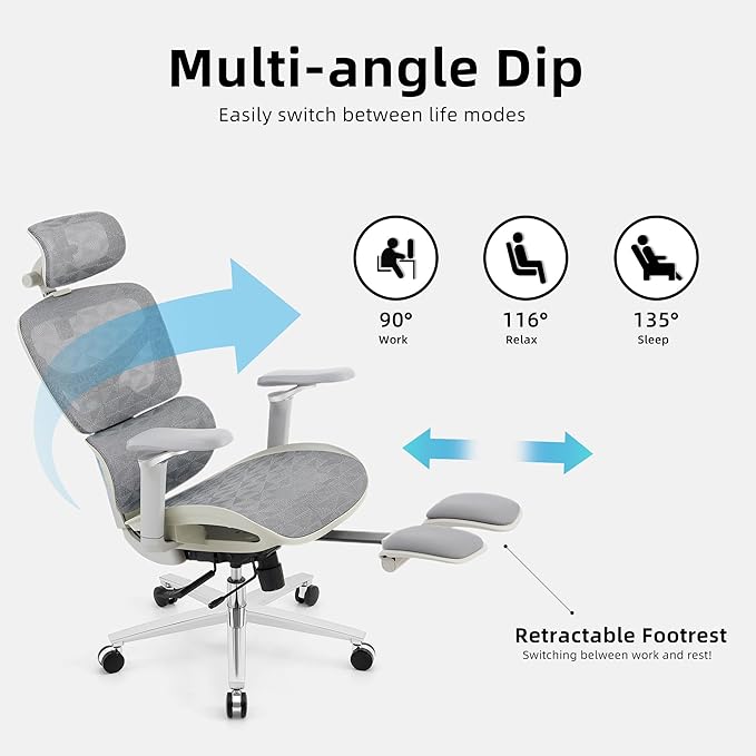 Ergonomic Home Office Desk Chair with Massage Lumbar Support，4D Headrest & 5D Armrests, Reclining Big and Tall 400LBS Mesh Chair with Footrest，Adjustable Back High and Seat Depth(Gray)