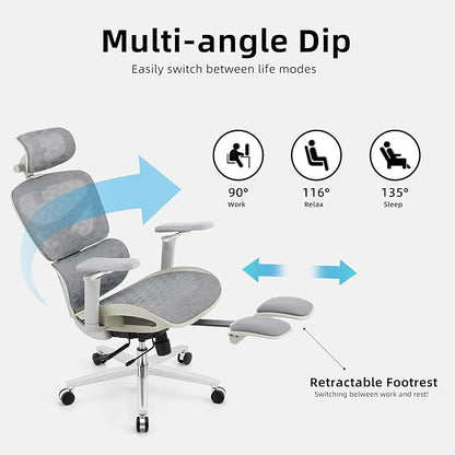 Ergonomic Home Office Desk Chair with Massage Lumbar Support，4D Headrest & 5D Armrests, Reclining Big and Tall 400LBS Mesh Chair with Footrest，Adjustable Back High and Seat Depth(Gray)