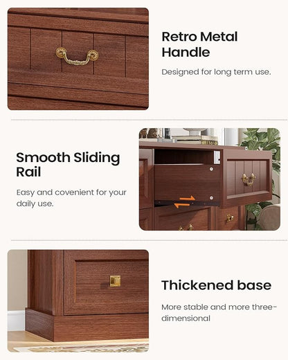 AOGLLATI Farmhouse 9 Drawers Dresser for Bedroom, 63" Wide Wood Rustic Chest of Drawers with Natural Texture, Vintage Design, Long Wide Storage Dresser for Bedroom, Oak Brown