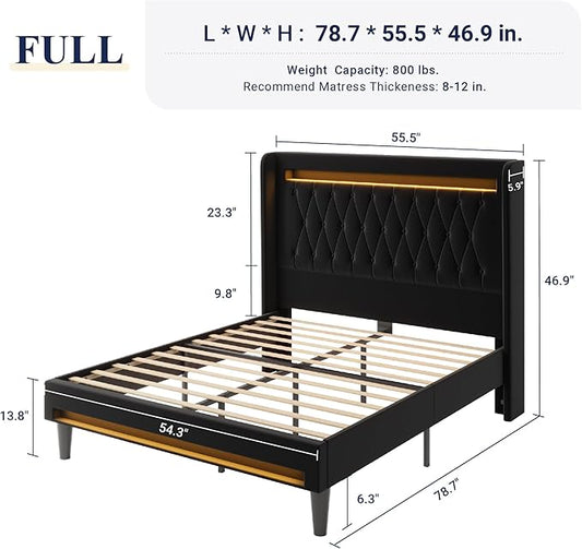 Allewie Upholstered Full Size Platform Bed Frame with LED Light and Charging Station, Button Tufted High Headboard, Wingback Design, Noise Free, Easy Assembly, No Box Spring Needed, Black