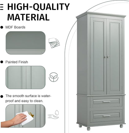 Polibi Tall Storage Cabinet with 2 Drawers, 3-Tier Adjustable Shelves & 2 Doors, Floor Freestanding Cabinet for Bathroom, Living Room, Grey