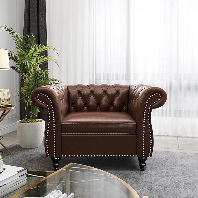 Living Room Chair, Modern Leather Chesterfield Sofa Chair, Mid Century Single Sofa Couch Chair with Tufted Back and Rolled Arms, Accent Sofa Chair for Living Room Apartment, Brown