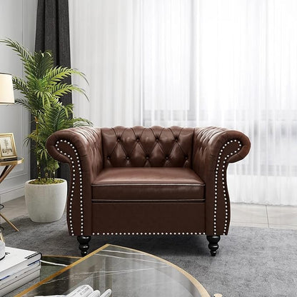 Living Room Chair, Modern Leather Chesterfield Sofa Chair, Mid Century Single Sofa Couch Chair with Tufted Back and Rolled Arms, Accent Sofa Chair for Living Room Apartment, Brown