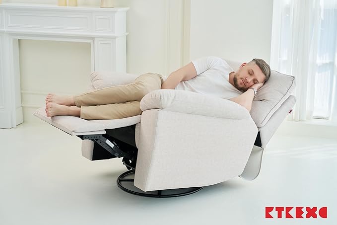 Reclining Sofa Rocking Recliner Chair Manual Adjustable 360 Swivel with Ergonomics Overstuffed Lumbar Arm Support Natural Fabric Surface Made for Living Room, Bedroom, Nursery, Milk White