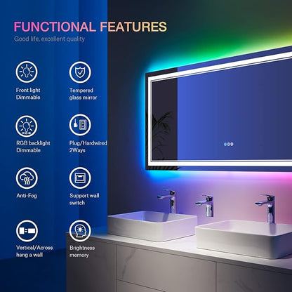 60x36 Inch RGB LED Mirror for Bathroom, RGB Backlit and Front Lighted Bathroom Mirror, Large Dimmable Vanity Mirror with Lights,Anti-Fog, Memory,ETL Listed, Wall Mounted